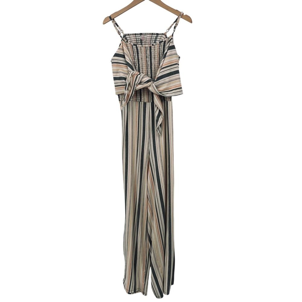 No‎ Boundaries Striped Smocked Tie Front Jumpsuit Plus Size 3XL 21 Green Tan